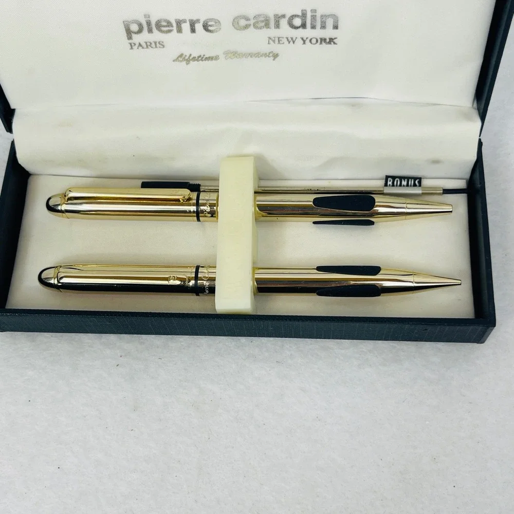 Pierre Cardin Paris New York Gold Tone Pen and Pencil Set with Case and Refill